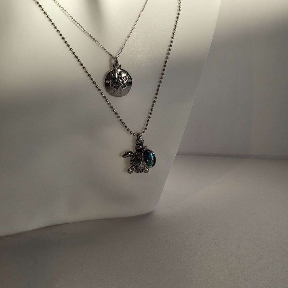 3pc Coastal Jewelry Set, Silver Tone, Ocean Abalone Layering Turtle Necklaces - Picture 3 of 3